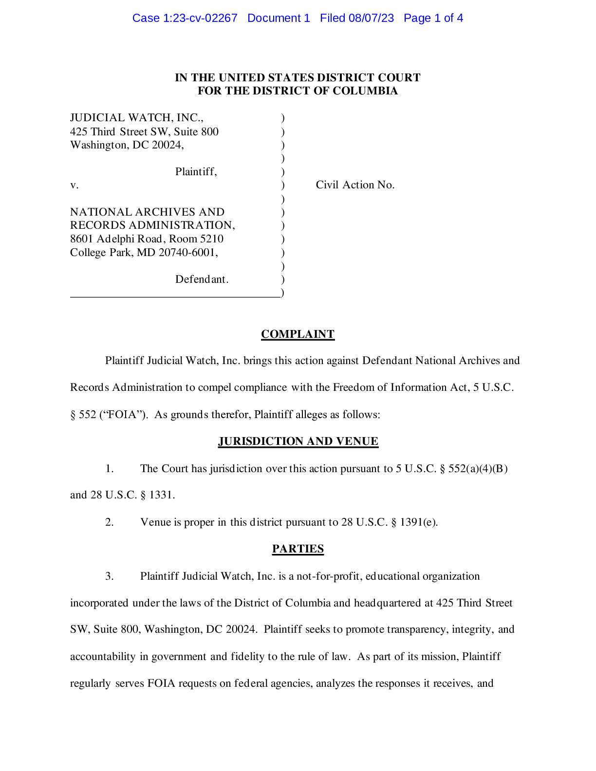 JW v National Archives Trump Records complaint 02267