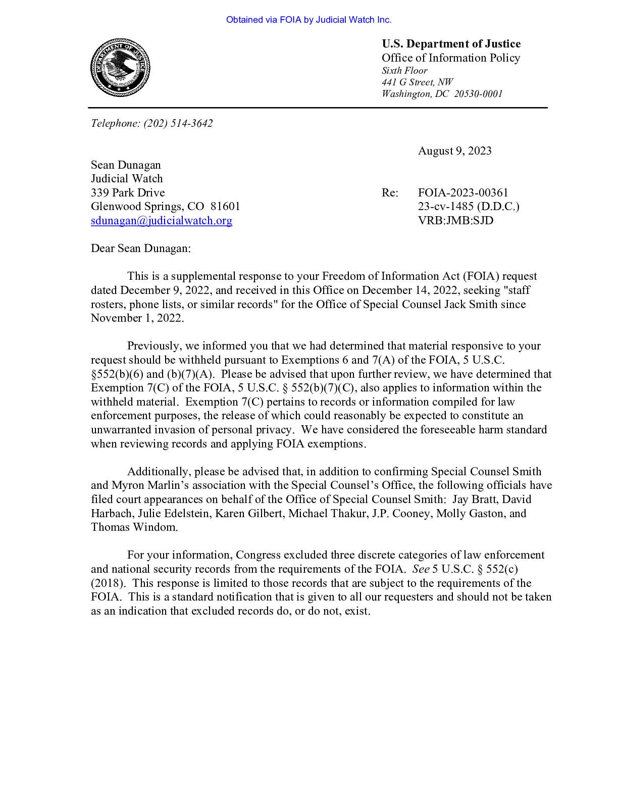 JW v. DOJ Sp Counsel Names Supp Letter 01485
