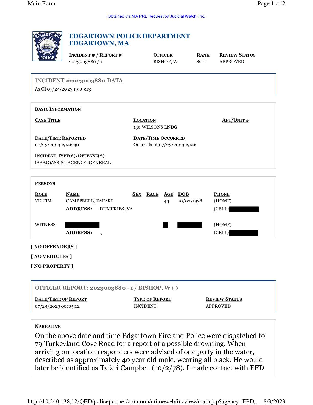Edgartown PD Obama Chef Tafari Campbell PRL August...