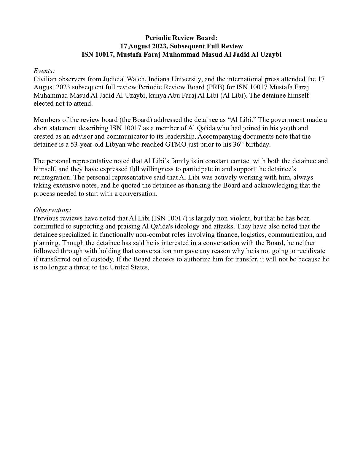17 August 2023, Subsequent Full Review ISN 10017, Mustafa Faraj Muhammad Masud Al Jadid Al Uzaybi