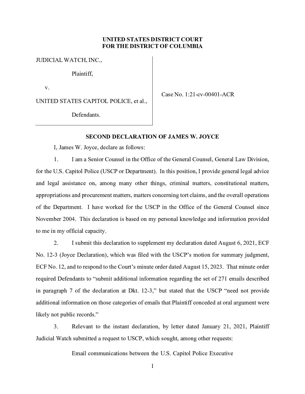 JW v US Capitol Police Declaration James W. Joyce ...