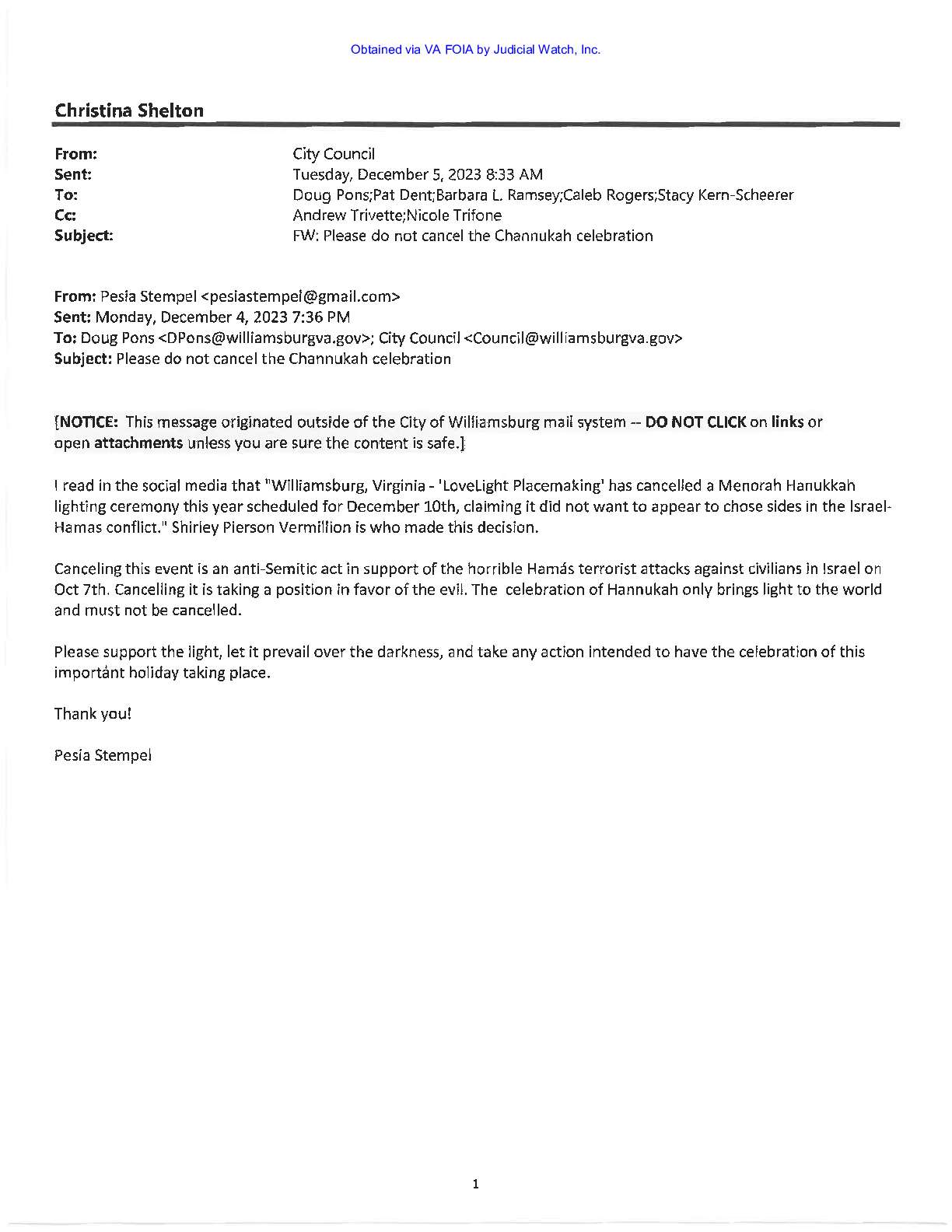 Williamsburg Menorah Cancellation December 2023