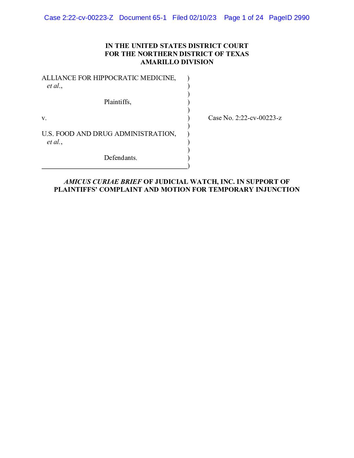 Alliance for Hippocratic Medicine v. FDA (N.D. Texas, Feb. 10, 2023)