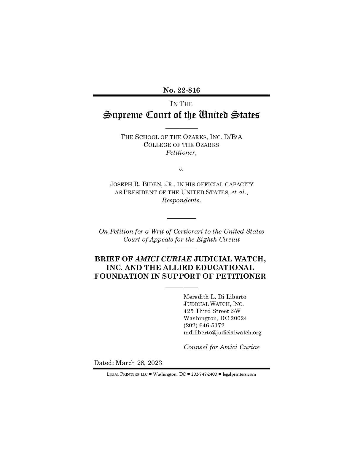 School of the Ozarks v. Biden (SCOTUS petition, March 28, 2023)