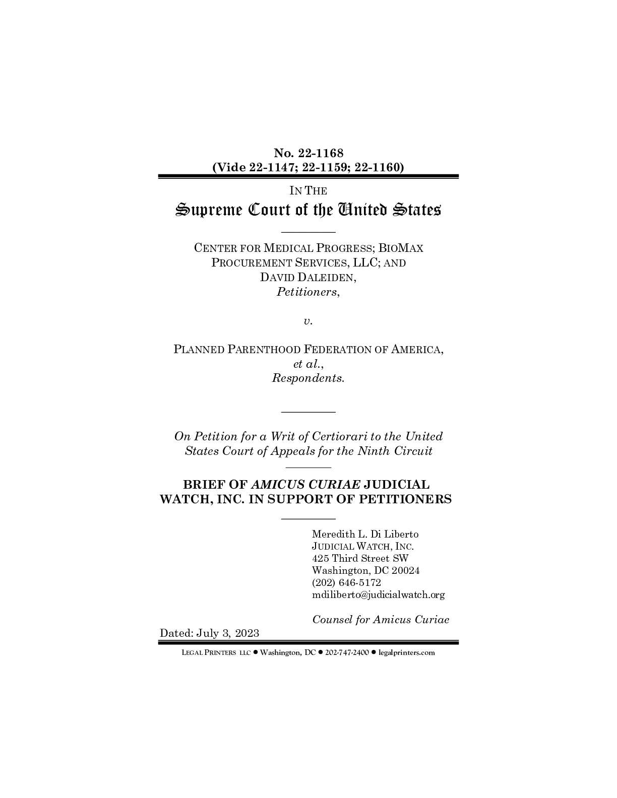 Center for Medical Progress v. Planned Parenthood (SCOTUS petition, July 3, 2023)