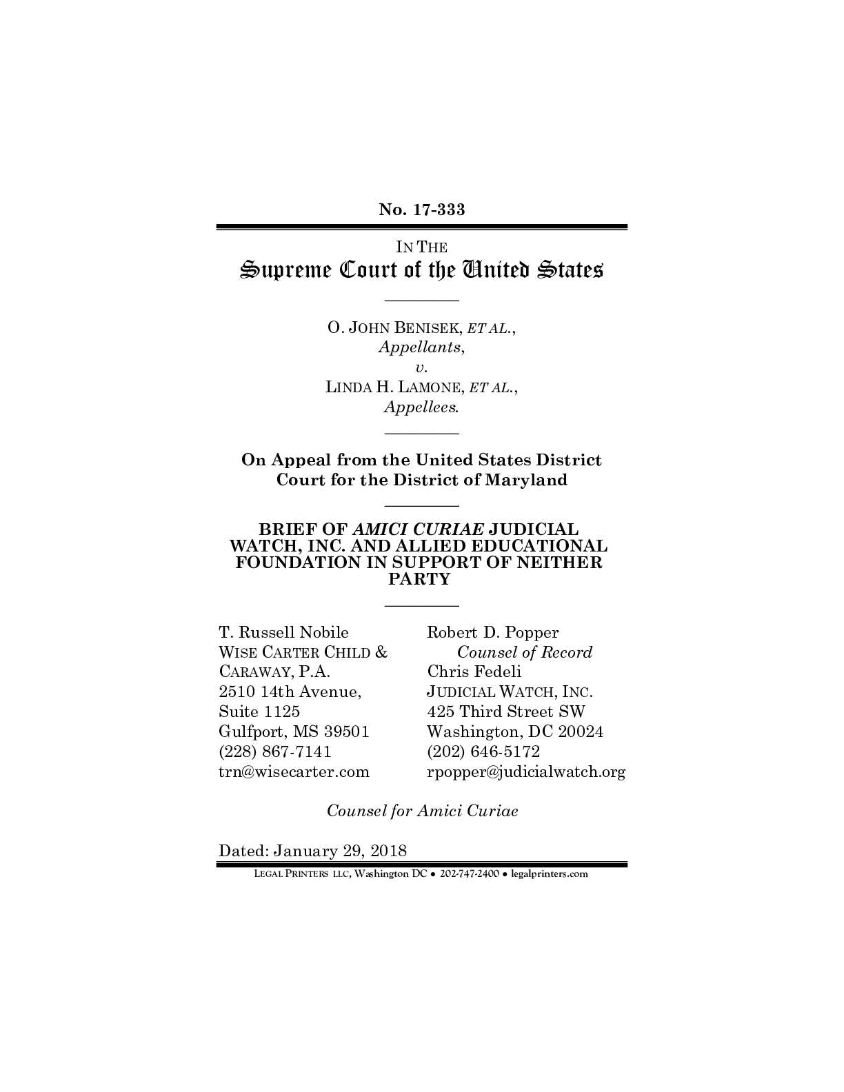 Benisek v. Lamone (JW and AEF)