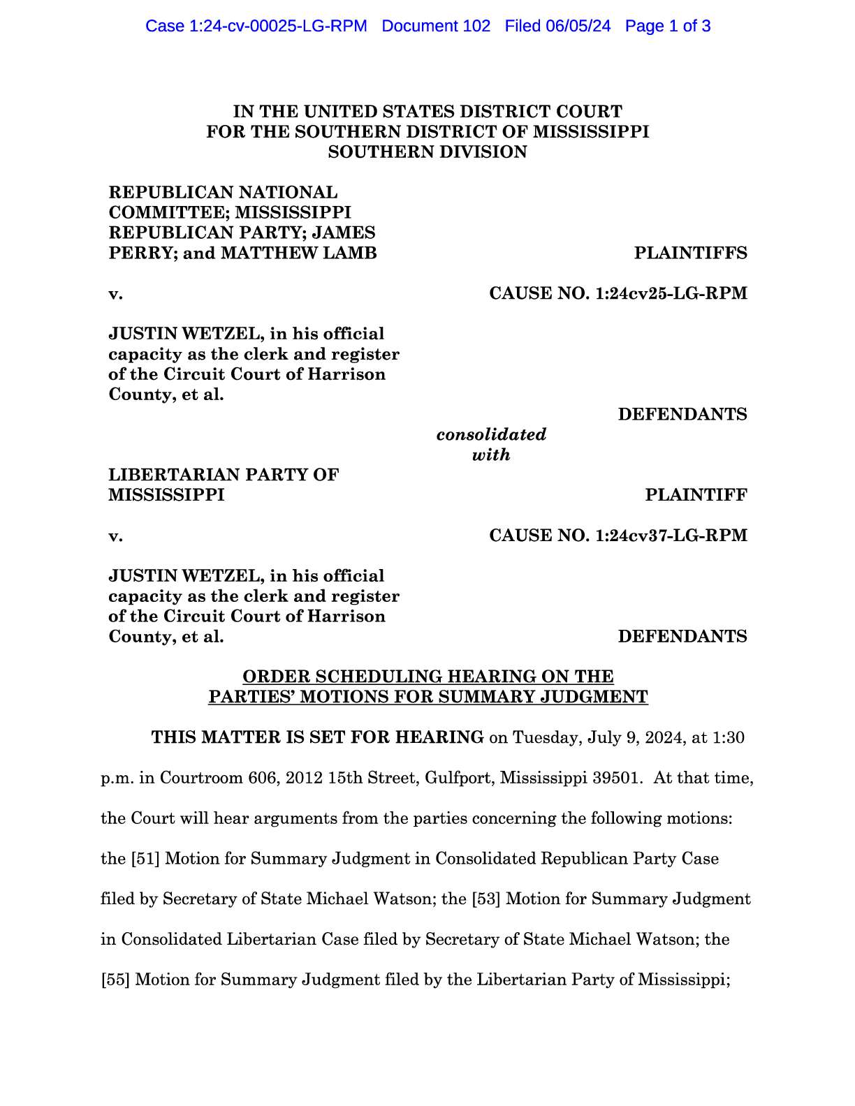 Libertarian Party of Mississippi v Wetzel hearing ...