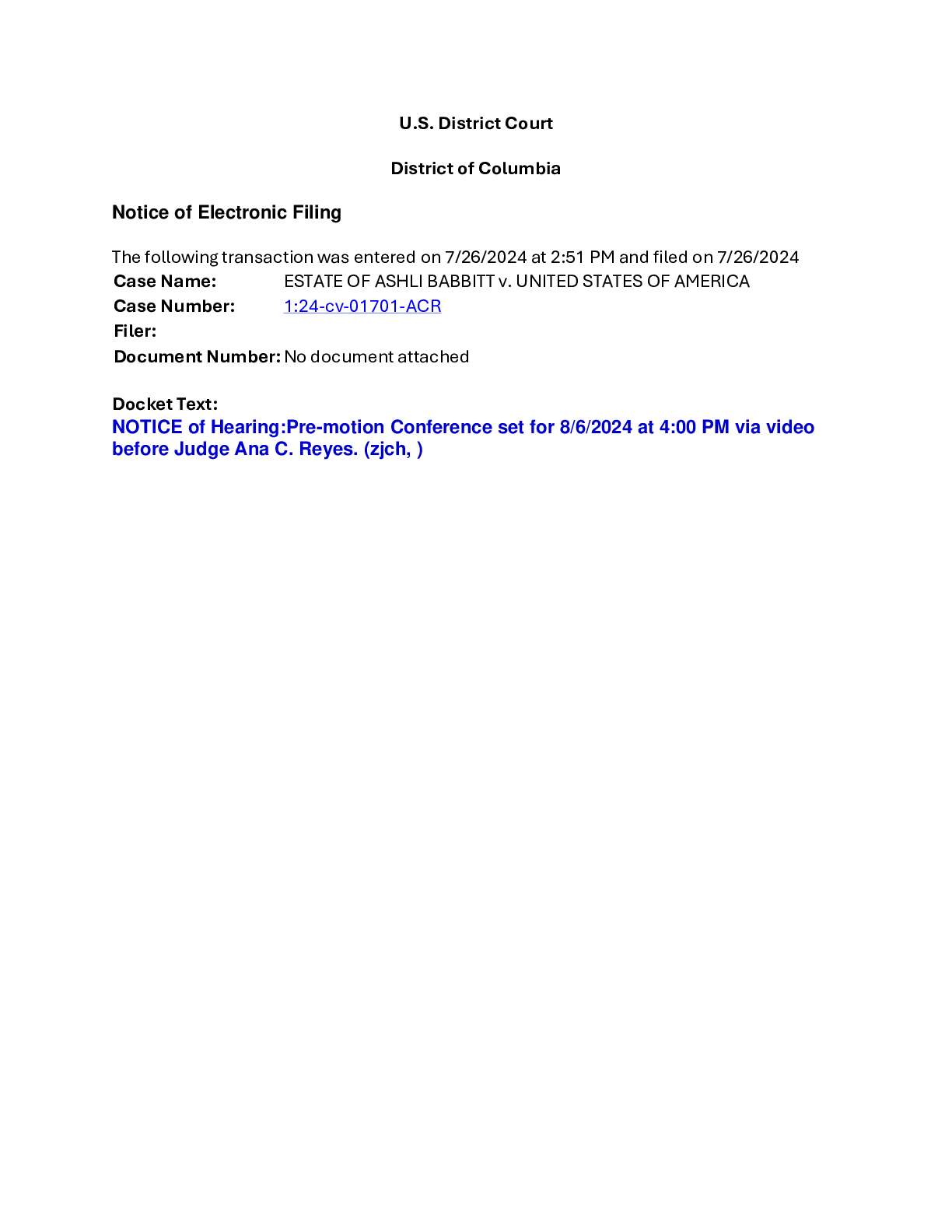 Estate of Ashli Babbitt v U.S.A. Notice of Hearing...