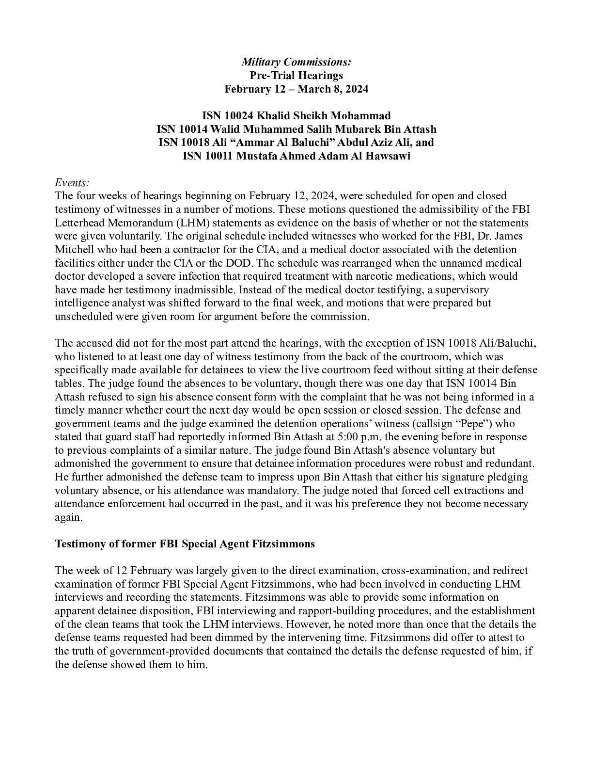 KSM, et al., Pre-Trial Hearings from February 12-March 8, 2024.