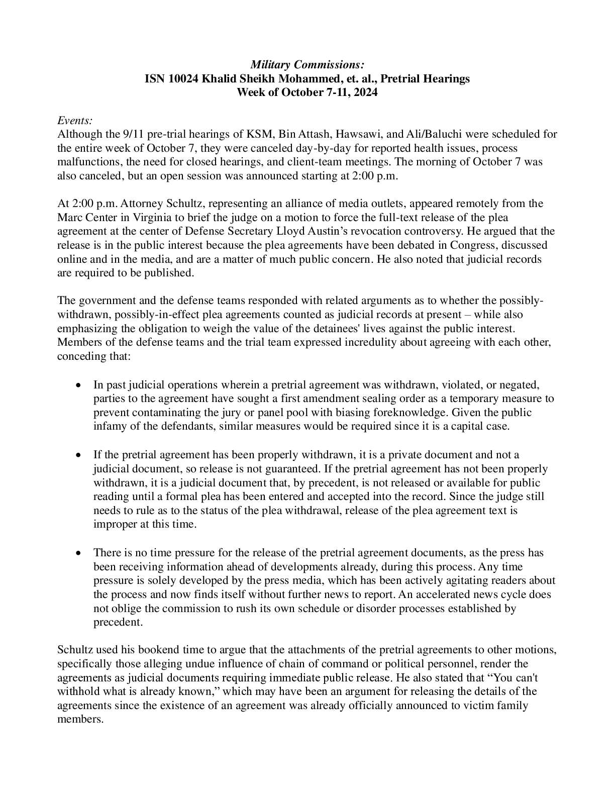 Oct 7-11, 2024 KSM, et al., Pre-Trial Hearings