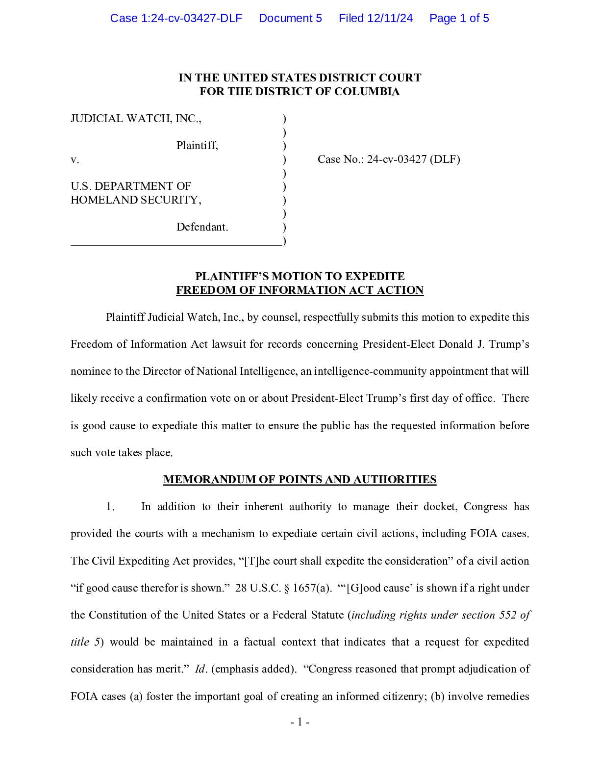JW v DHS Gabbard motion to expedite 03427