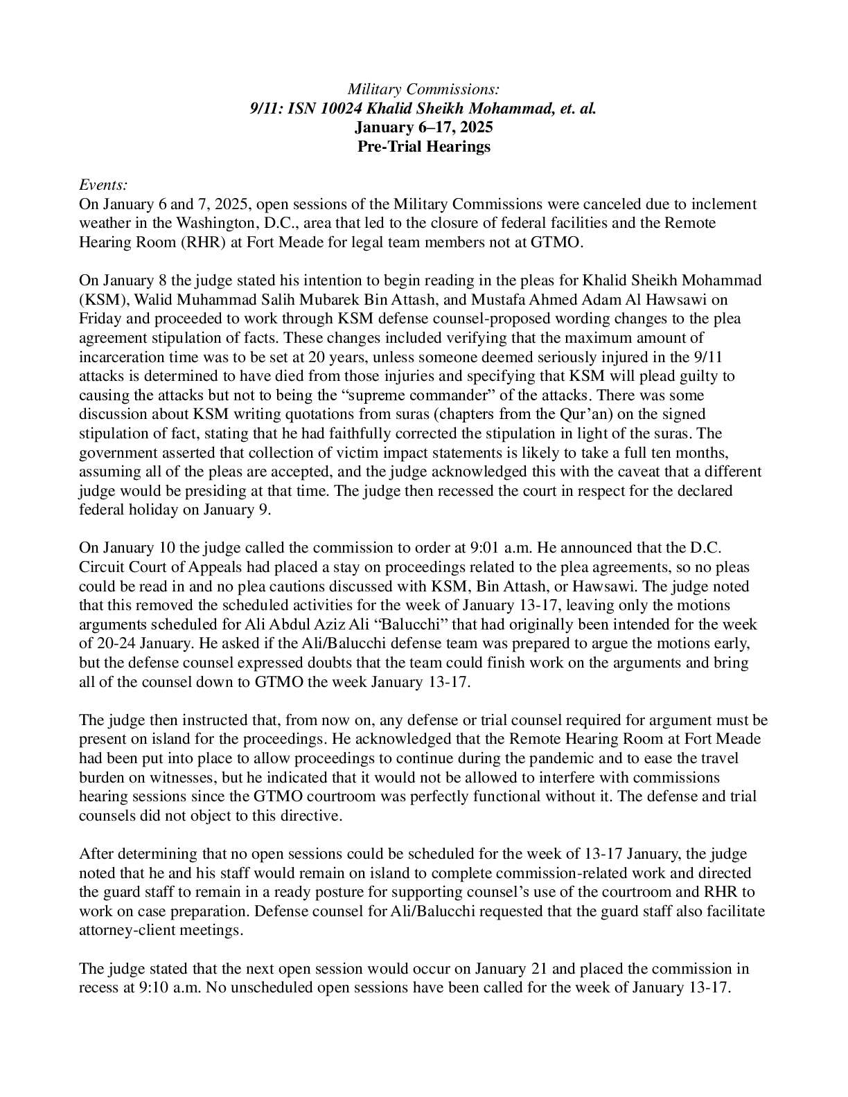 9/11: ISN 10024 Khalid Sheikh Mohammad, et. al. January 6–17, 2025 Pre-Trial Hearings