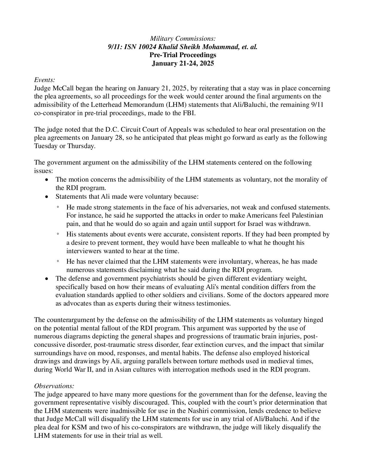 9/11: ISN 10024 Khalid Sheikh Mohammad, et. al. Pre-Trial Proceedings January 21-24, 2025