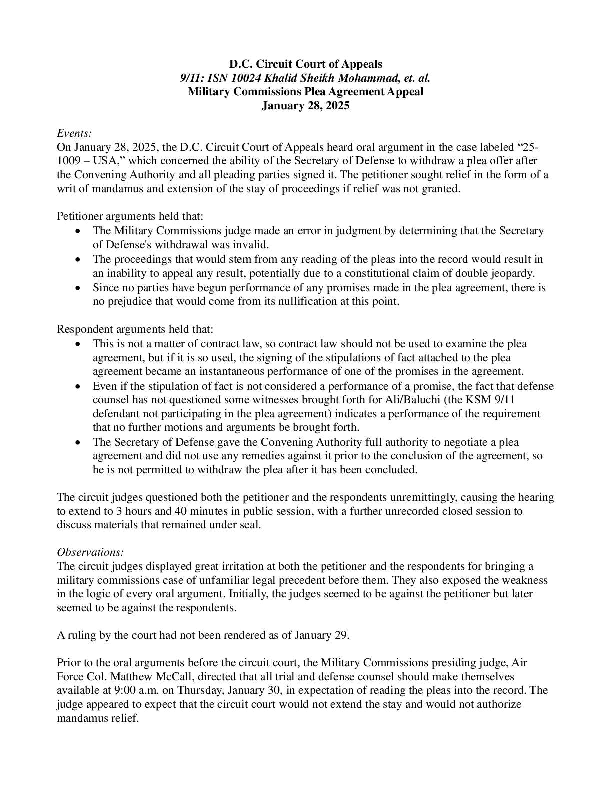 9/11: ISN 10024 Khalid Sheikh Mohammad, et. al. Military Commissions Plea Agreement Appeal January 2...