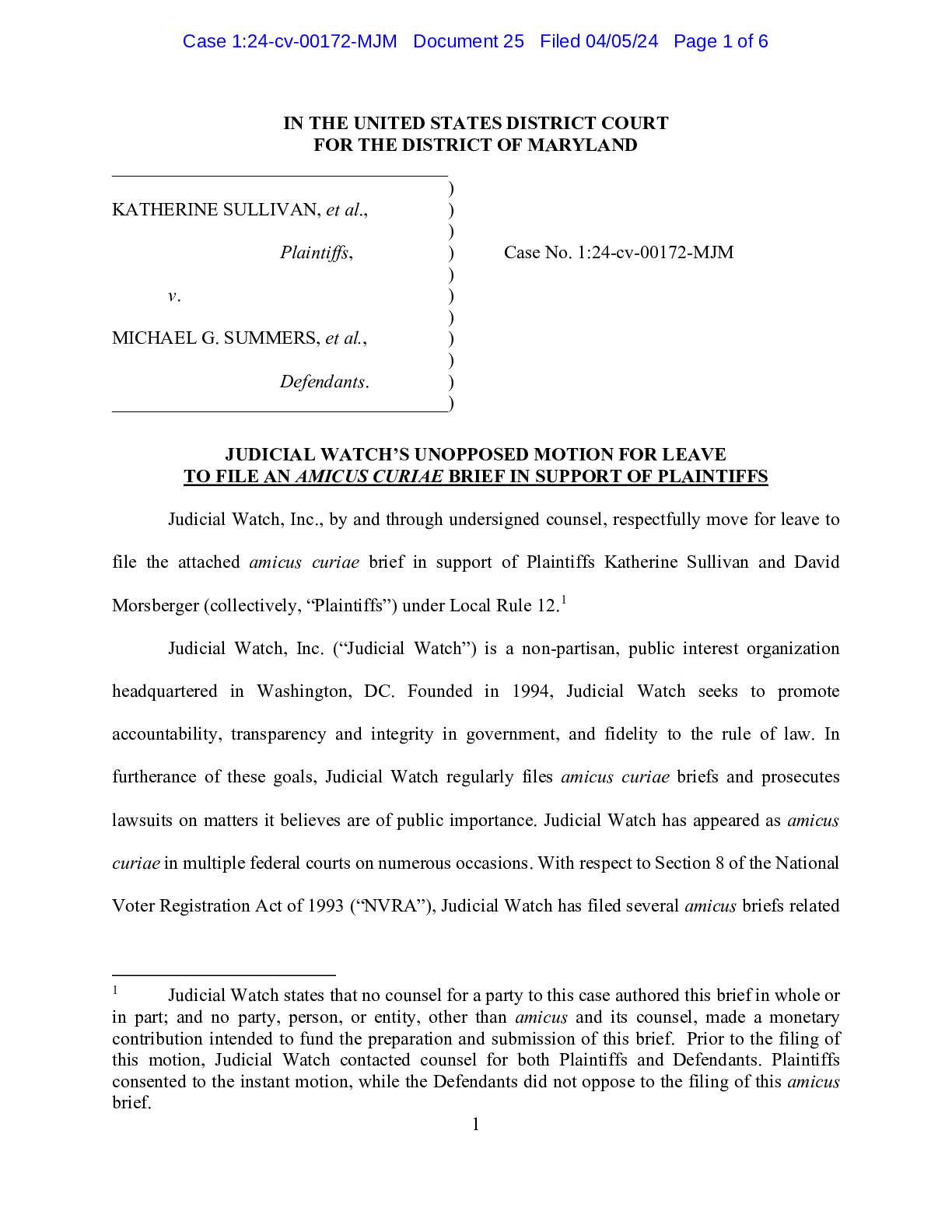 Sullivan v Summers Maryland NVRA amicus and opinio...