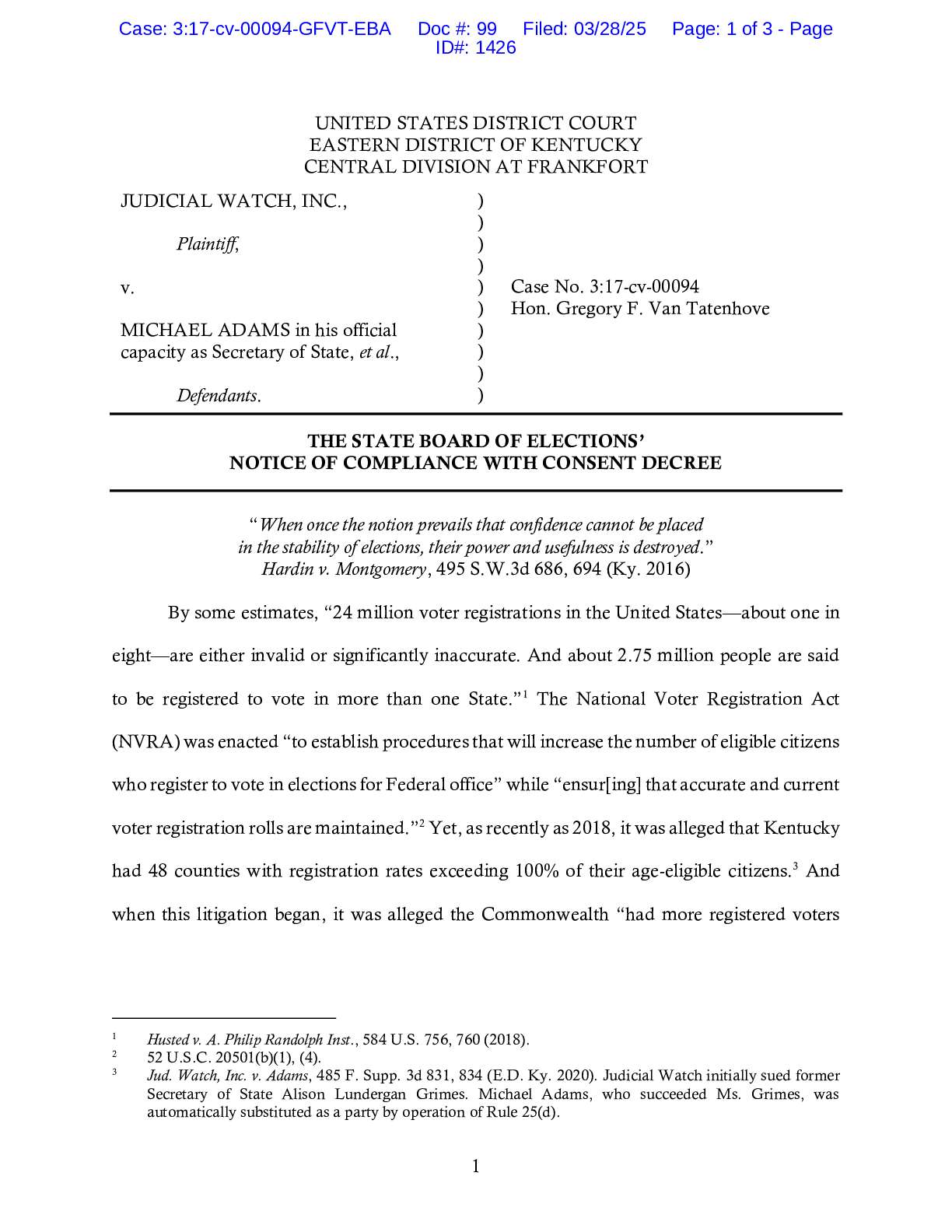 JW v. Adams KY NVRA compliance notice 00094