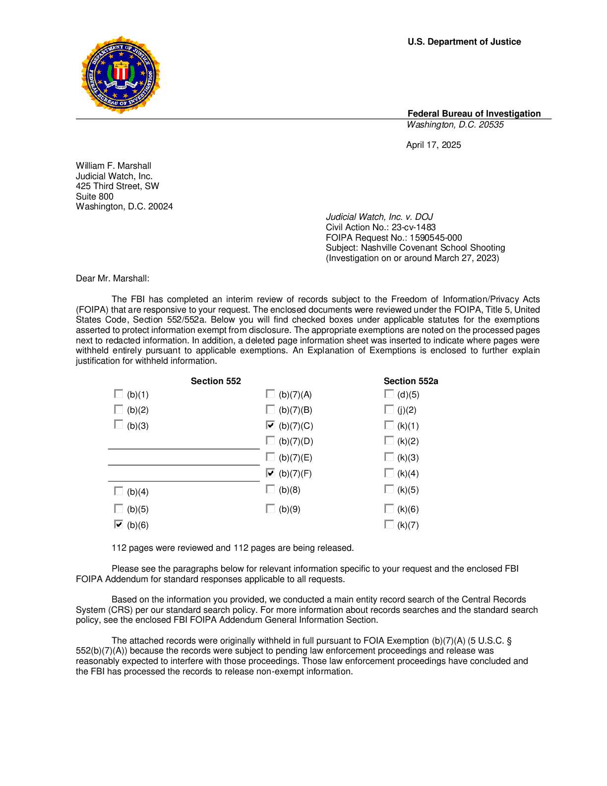 JW v DOJ FBI Nashville Shooter Manifesto Productio...