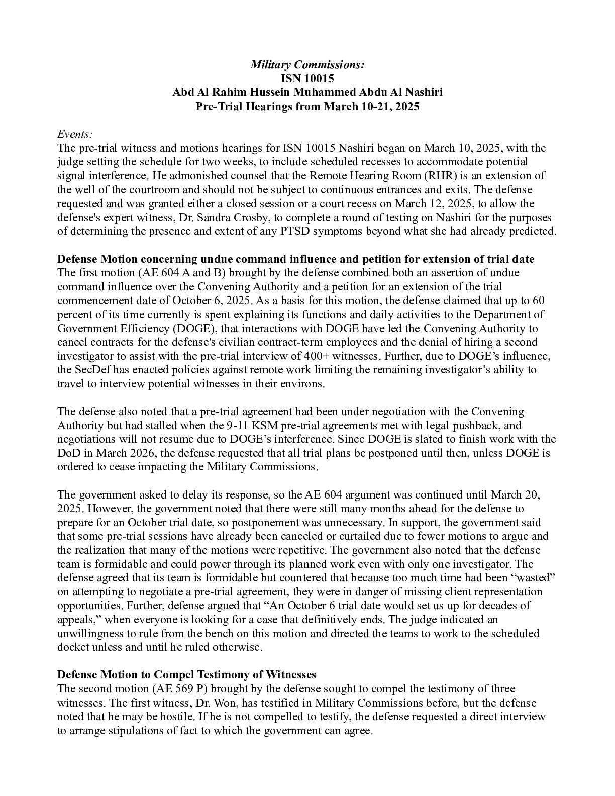 Al Nashiri Pre-Trial Hearing from March 10-21, 2025
