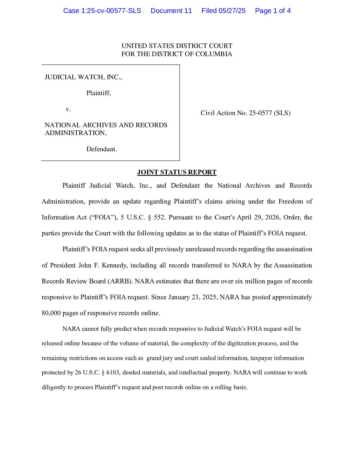 JW v NARA Kennedy JSR 00577