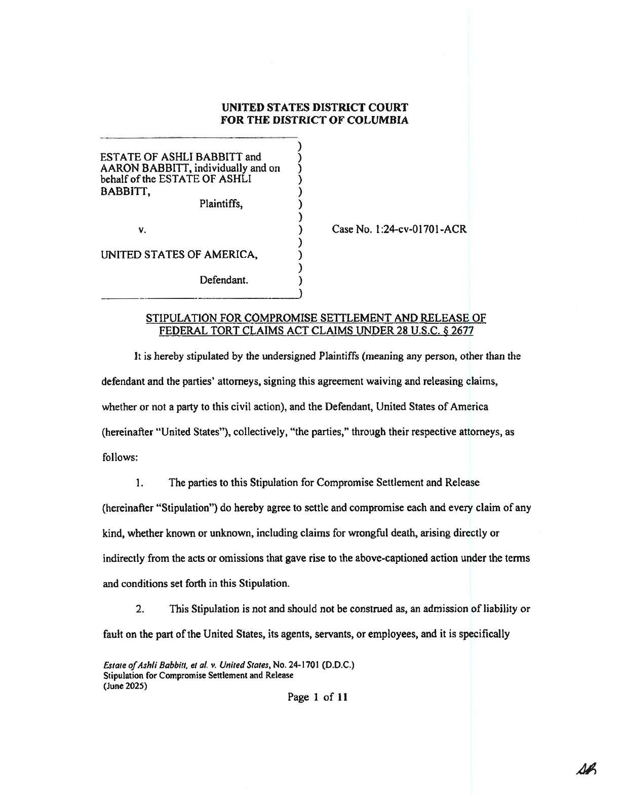 Estate of Ashli Babbitt et al. v U.S.A. settlement...
