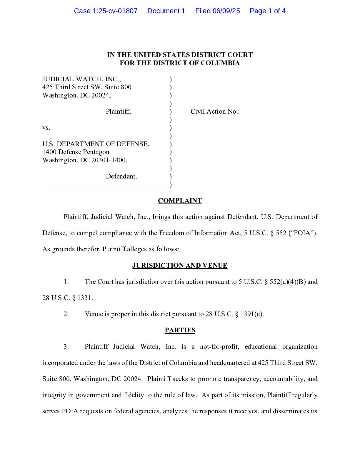 JW v. DOD Wuhan Covid complaint 01807