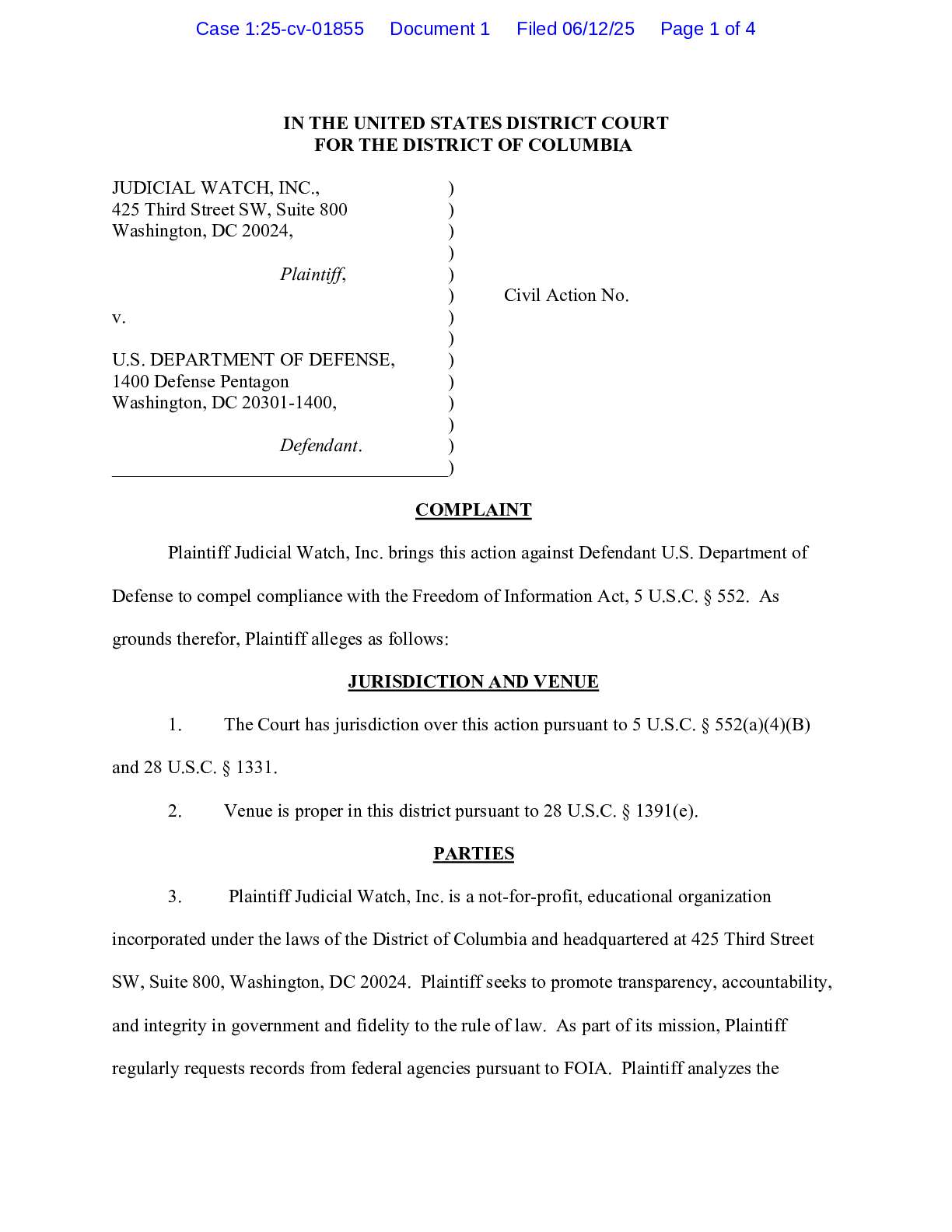 JW v DOD West Point Crest complaint 01855