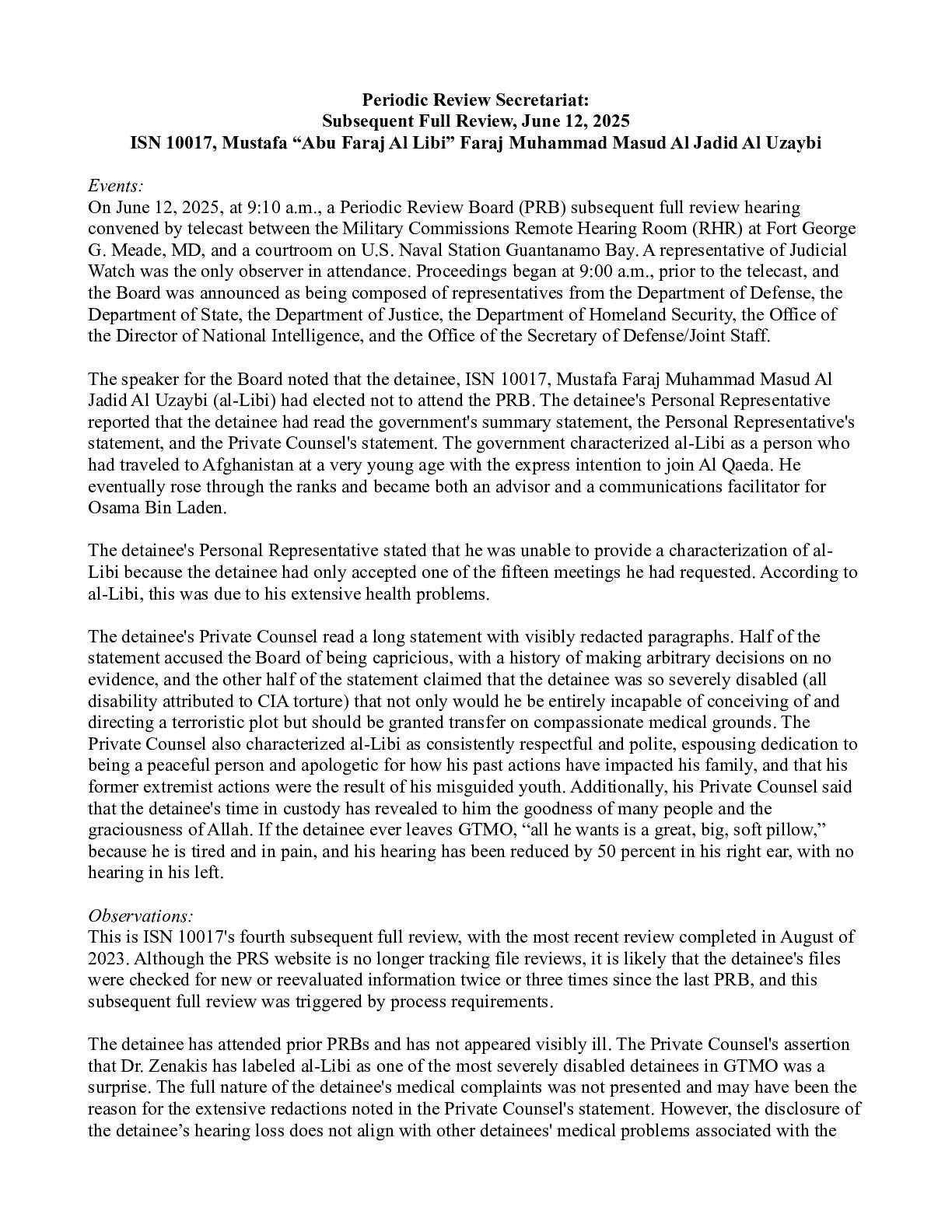 Periodic Review Secretariat: Subsequent Full Revie...