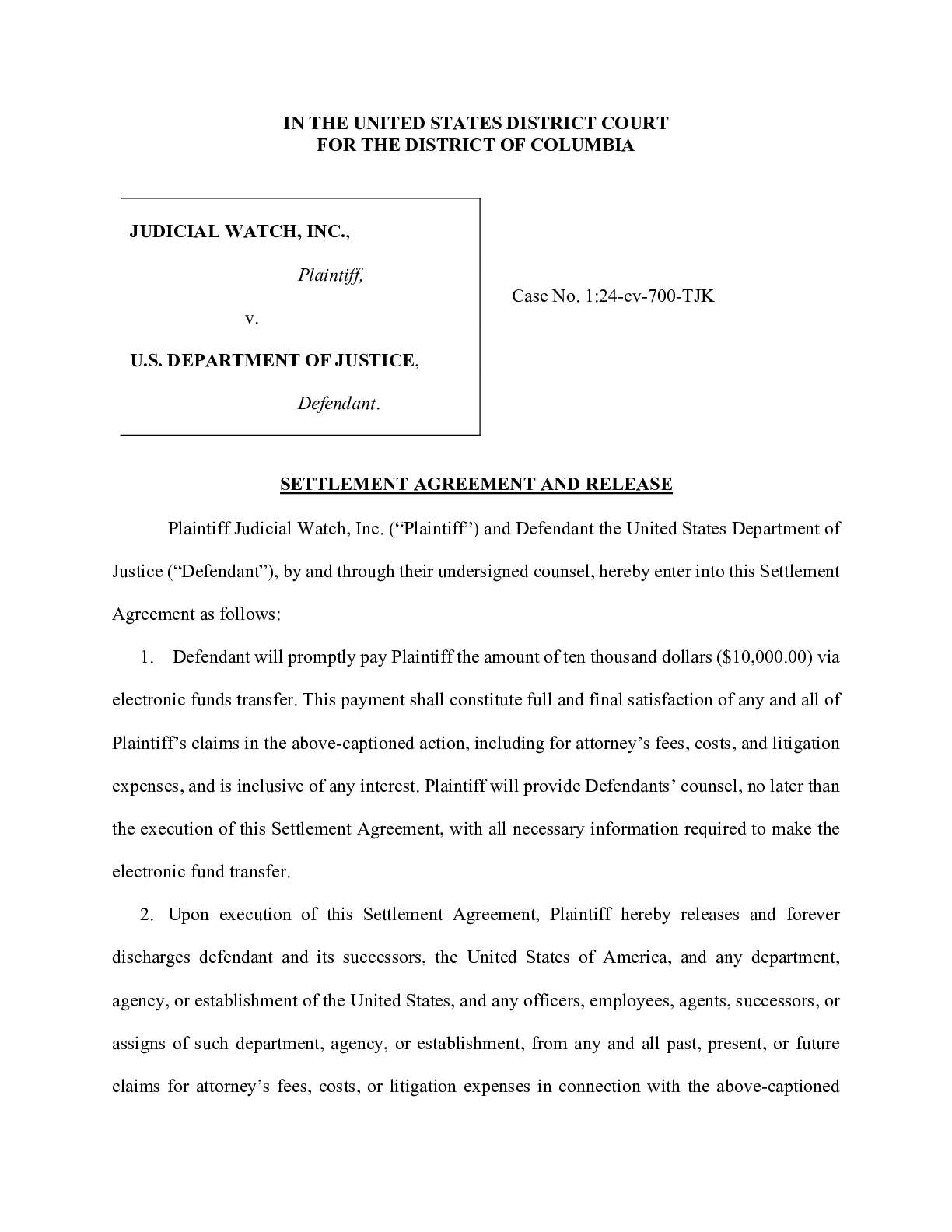 JW v. DOJ Settlement Agreement and Release July 2025