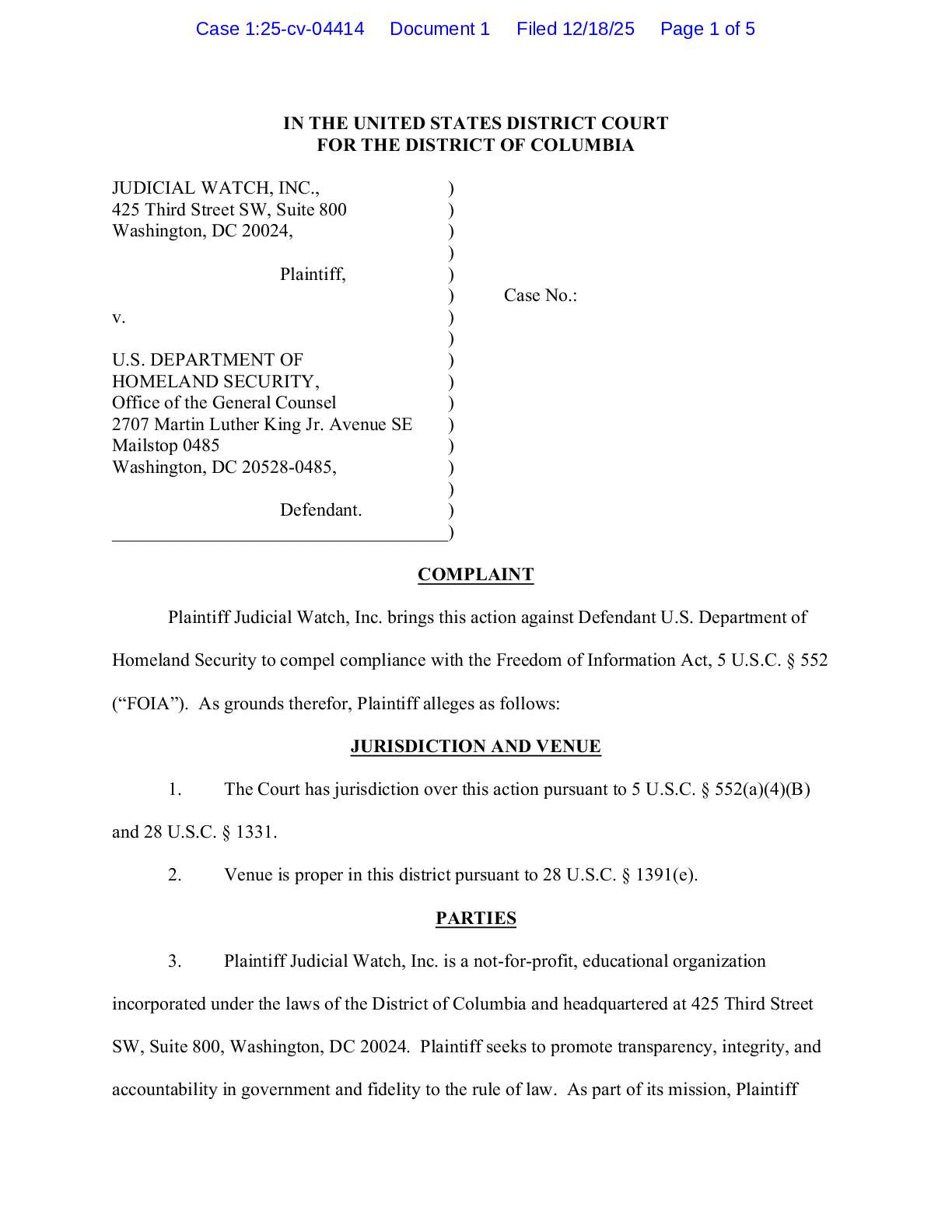 JW v DHS TSA complaint 04414