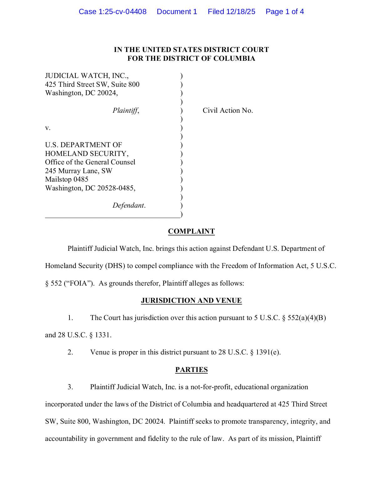 JW v DHS USSS complaint 04408