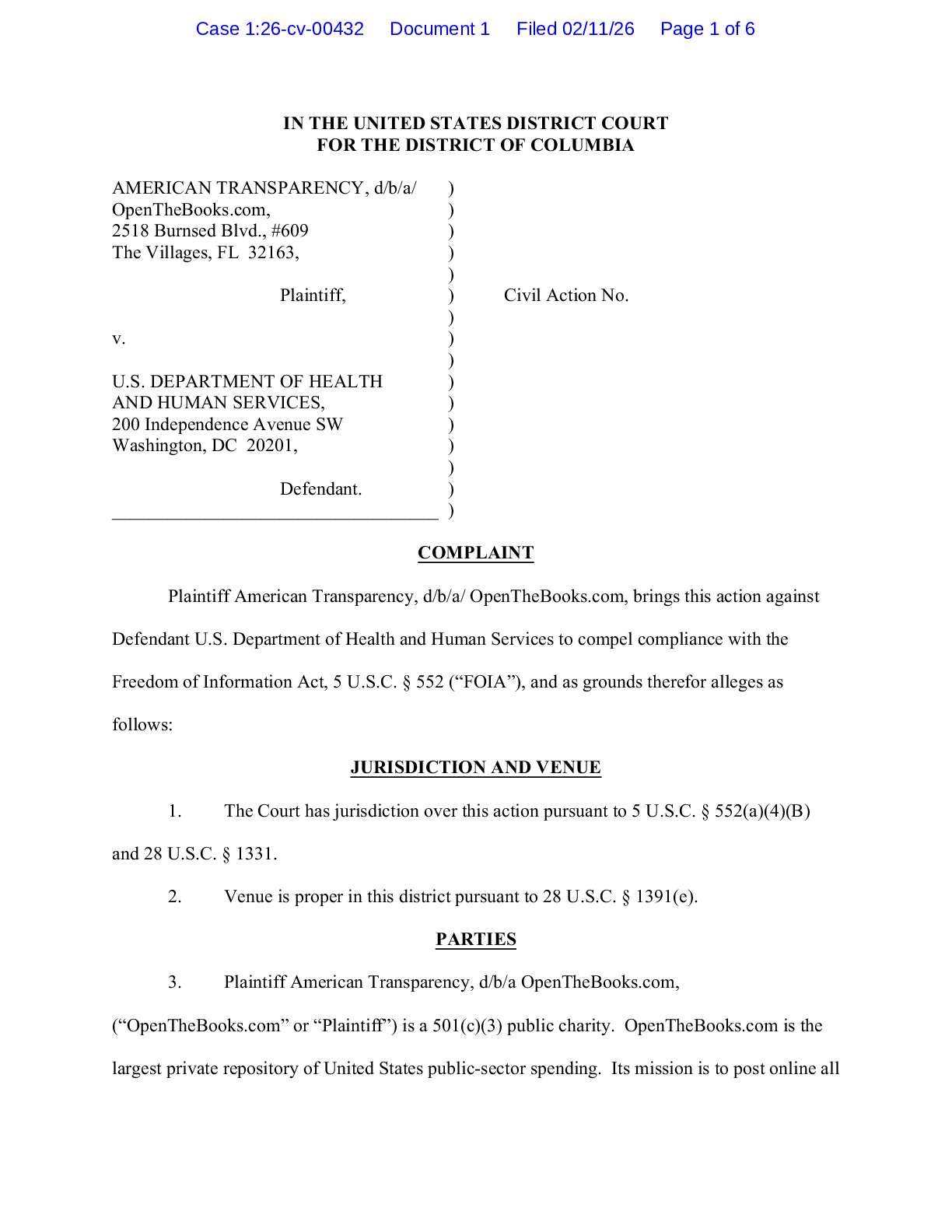 American Transparency v. HHS NIH Royalties complaint 00432