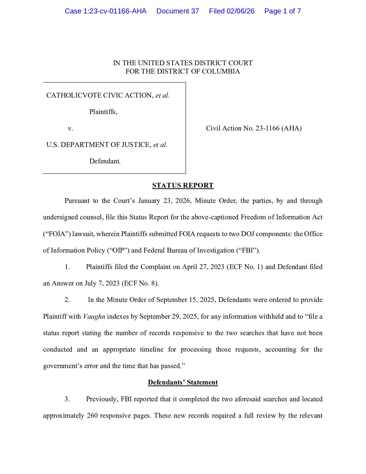 Catholic Vote v FBI DOJ jsr 01166