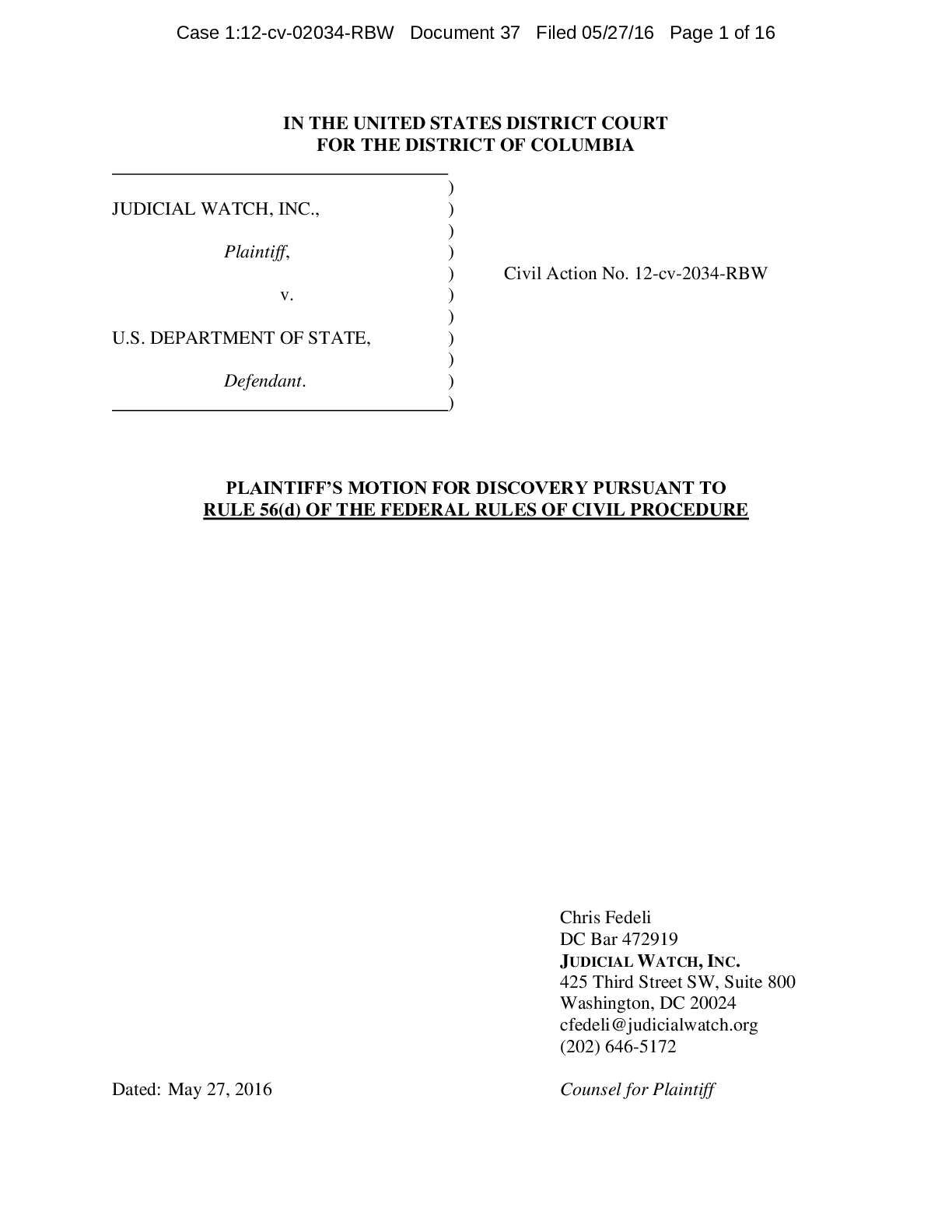 JW v State Pakistan Ad Motion for Discovery 2016 0...